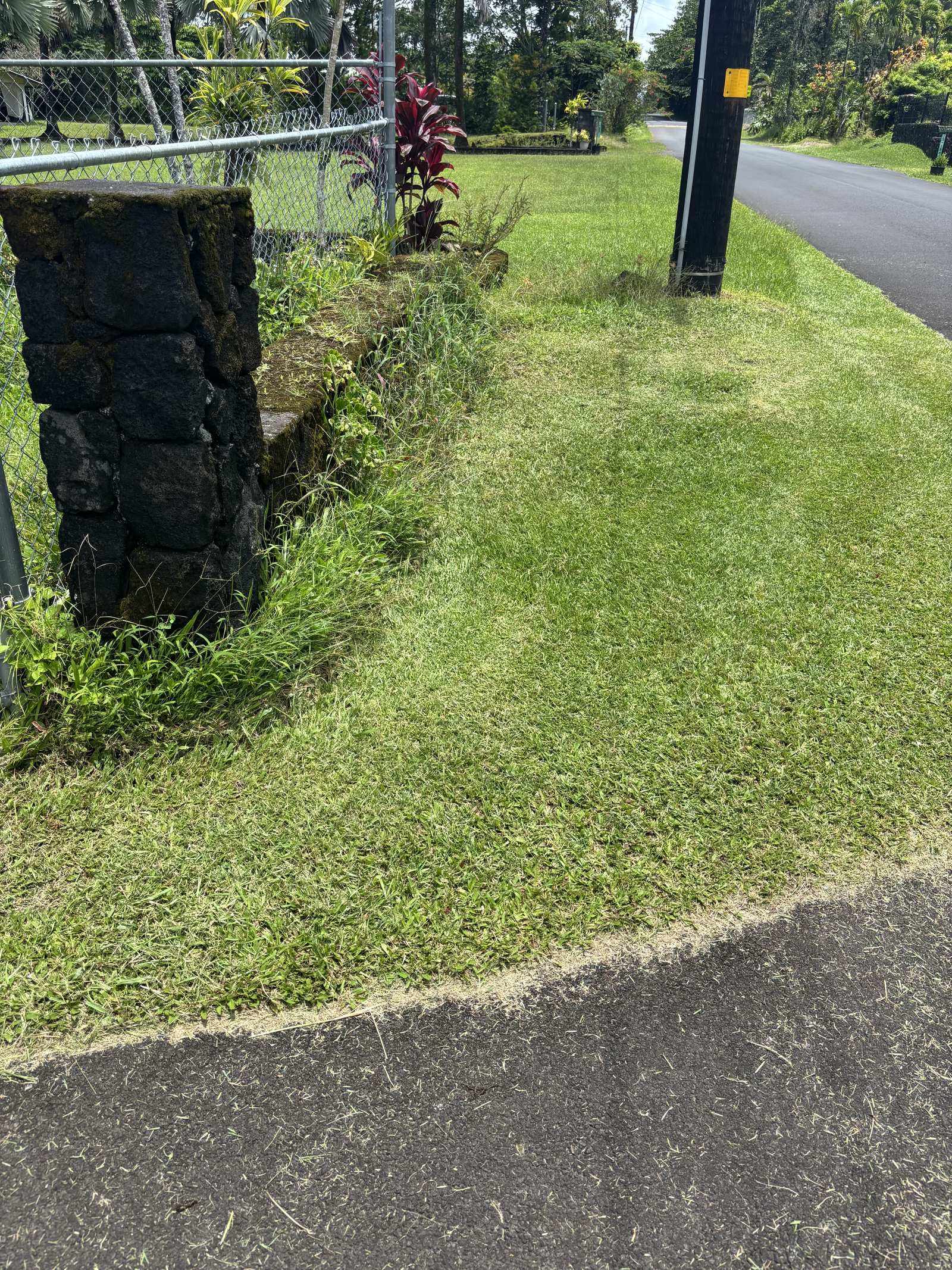 Clean mowed lawn edge along a pāhoehoe lava rock wall with sprinkler running