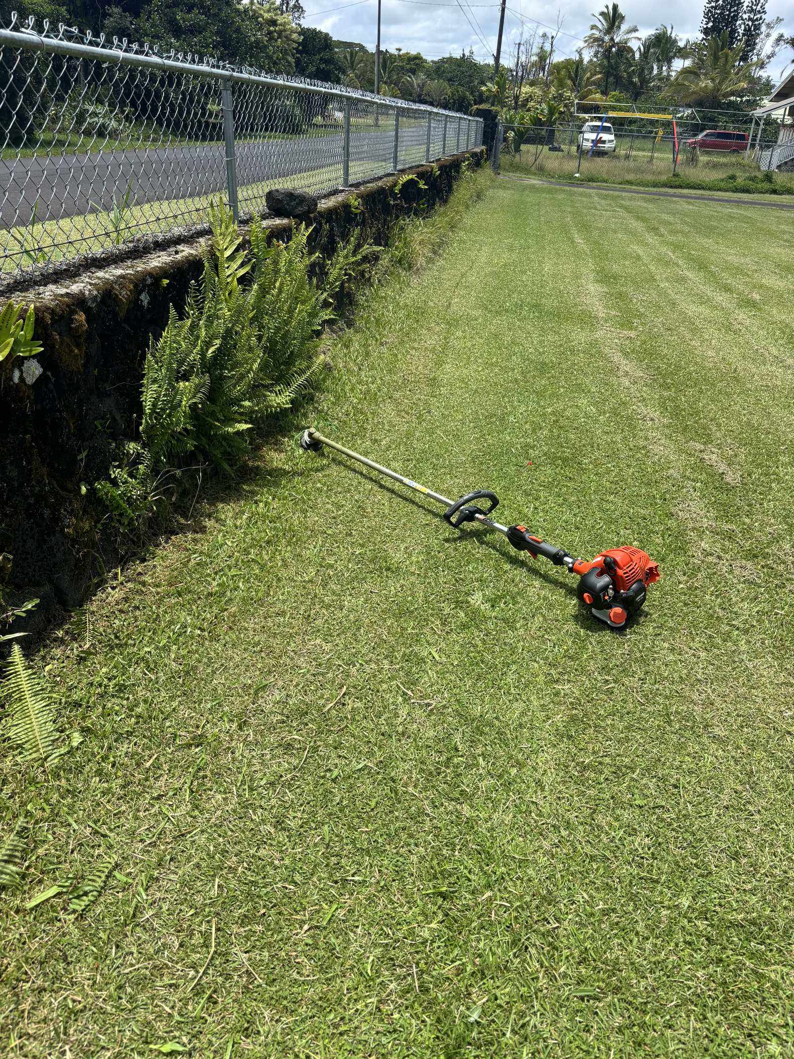 Malama Grounds crew member trimming a lawn edge with a gas string trimmer along a Puna property line